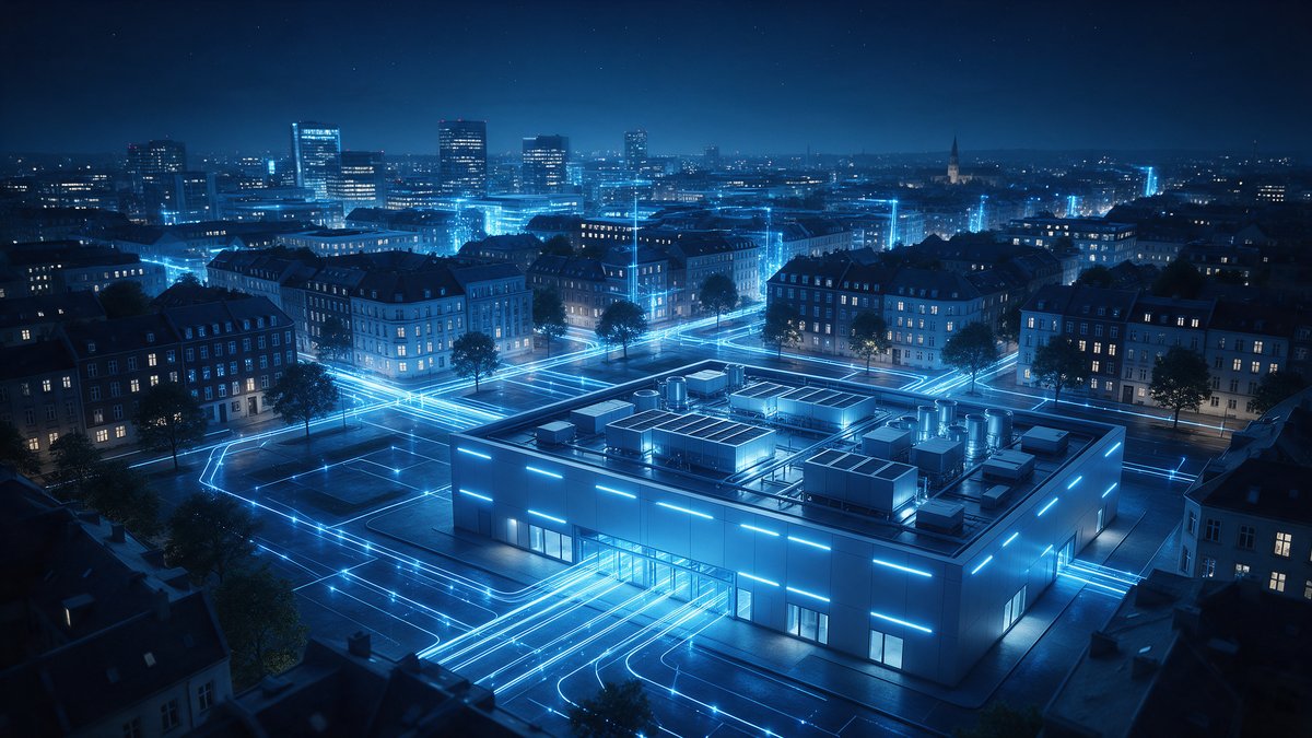 Vista aerea notturna di un data center sostenibile al centro della città, collegato ai quartieri da una rete di teleriscaldamento illuminata