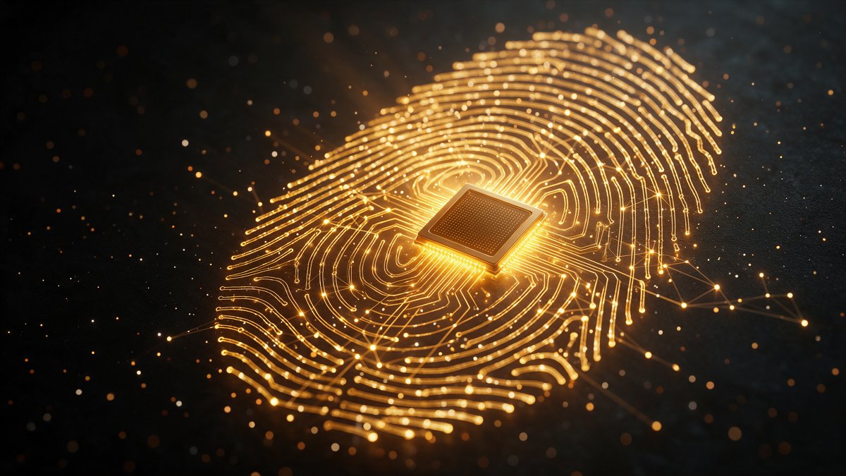 Sovranità digitale e intelligenza artificiale: impronta digitale di circuiti dorati con un chip al centro su sfondo nero